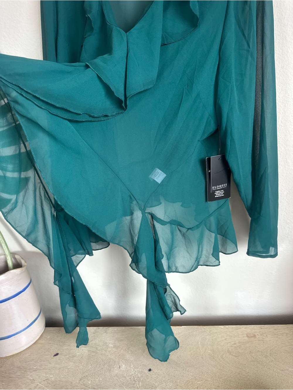 NWT Eloquii Ruffle Sheer Green Blouse - Picture 5 of 11